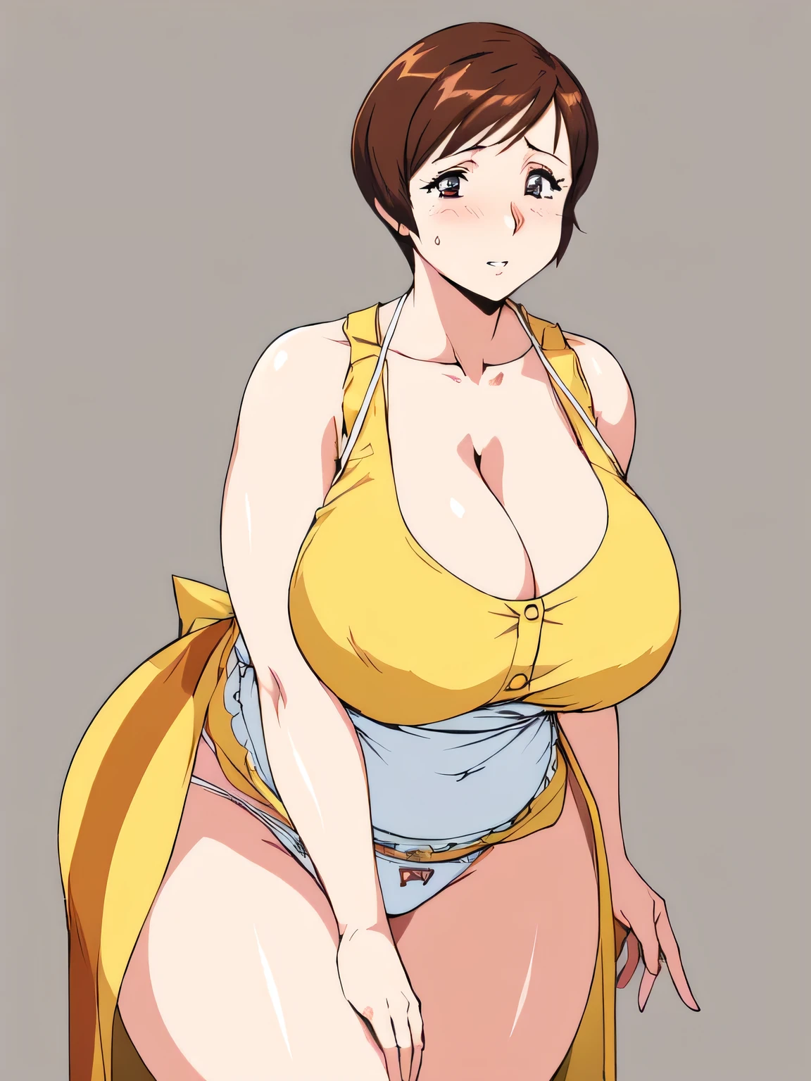 masterpiece, highest quality, High resolution, One girl, alone, sexual intercourse, Pornographic images, short hair, etsukoto, detailed eyes, Fine grain, (((Thick thighs, Plump thighs, Voluptuous thighs, Enough thighs))), Big and ample breasts, Cleavage, Huge long breasts, Naughty big,((Big breasts are important))、((Naughty thighs)), L Cup, (thin:1.4),(Narrow waist:1.4),  (Perfect beautiful yellow dress:1.4), ((white waist apron)), Embarrassed look, look back, (((Simple Background))), ((White panties)), ((Wide Hips)), Shiny oily skin, Mature mother, Calf, Seductive mature woman, Perfect body, (((fleshy))), Plus Size Model, etsukoto, blush, clavicle, retro artstyle, 1990s (style), Show off your thighs, [[front view]],