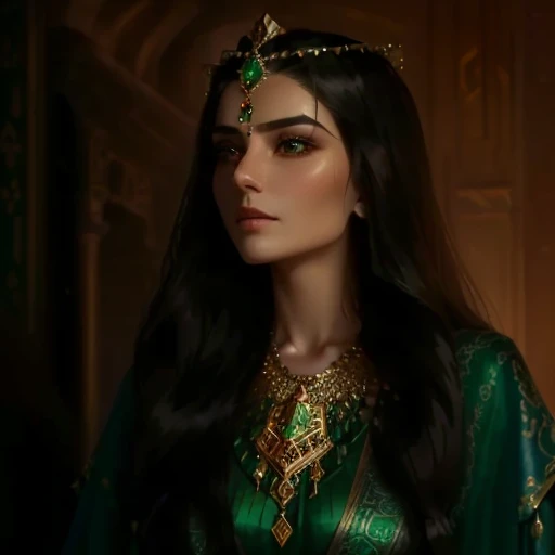 woman in green dress and gold necklace, Ancient Princess Libu, & her facial expression is solemn, inspired by Altun Sultan, Dorn, wear a crown and green cape, Maya Ali в рекламе&warlock, looks like ebru sahin, emerald tiara and necklace, Persian queen, Maya Ali, like D&warlock