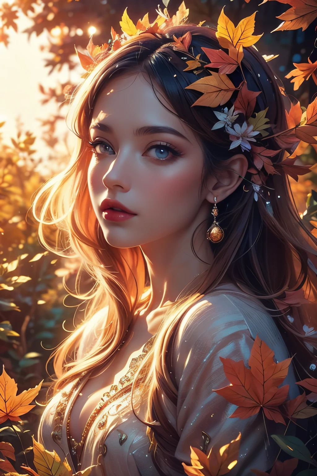 This is a (((highly detailed))) and (((hires))) fantasy image. Generate one interesting woman. The woman has striking eyes and beautiful eyes, with many colors and interesting patterns. Her clothing is soft and ornate, with flowing silks and sparkling gems. The woman is a (woodland faerie) standing in the midst of an autumn forest. The forest is thick with beautiful trees and rays of sunlight or moonlight. Include fall leaves in the air, wind, and chilly weather. Use dynamic composition and lighting to create a (compelling masterpiece). The image should be busy with leaves swirling in the wind. Include shimmer, shimmering, fantastical details, soft candles, blush, flush, puffy lips