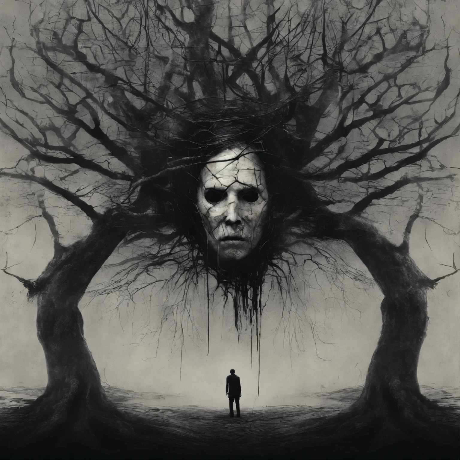 floating head stuck in the branches of a tree, expression of pain and agony, surrealist and contemporary image. garden of time background