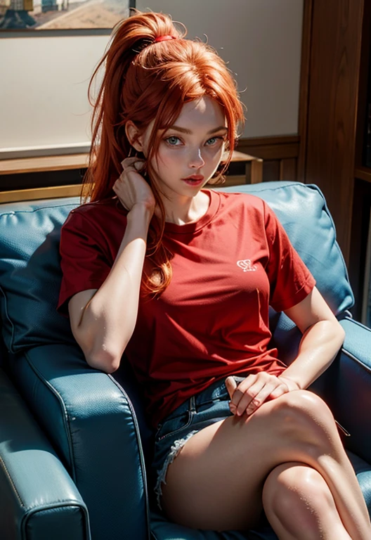 redhead, blue eyes, red shorts, red t-shirt, handsome, ponytail, 21 years old, so handsome, legs crossed, sitting on armchair, girl