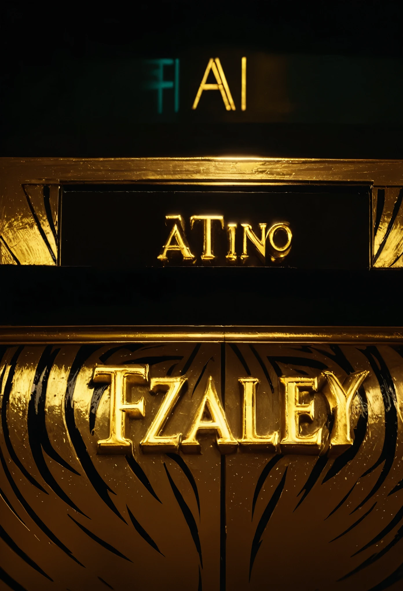Hay un letrero que dice "No Fzaley" en el frente de un edificio., ebony Arte deco, incrustaciones de oro, con incrustaciones de oro, incrustaciones doradas, cinematographic. Arte deco, Detalles dorados intrincados, Arte deco factory, inspirado por Alain Tasso, rene lalique and eddie mendoza, intricate Arte deco patterns, por Pál Balkay, cartas detalladas