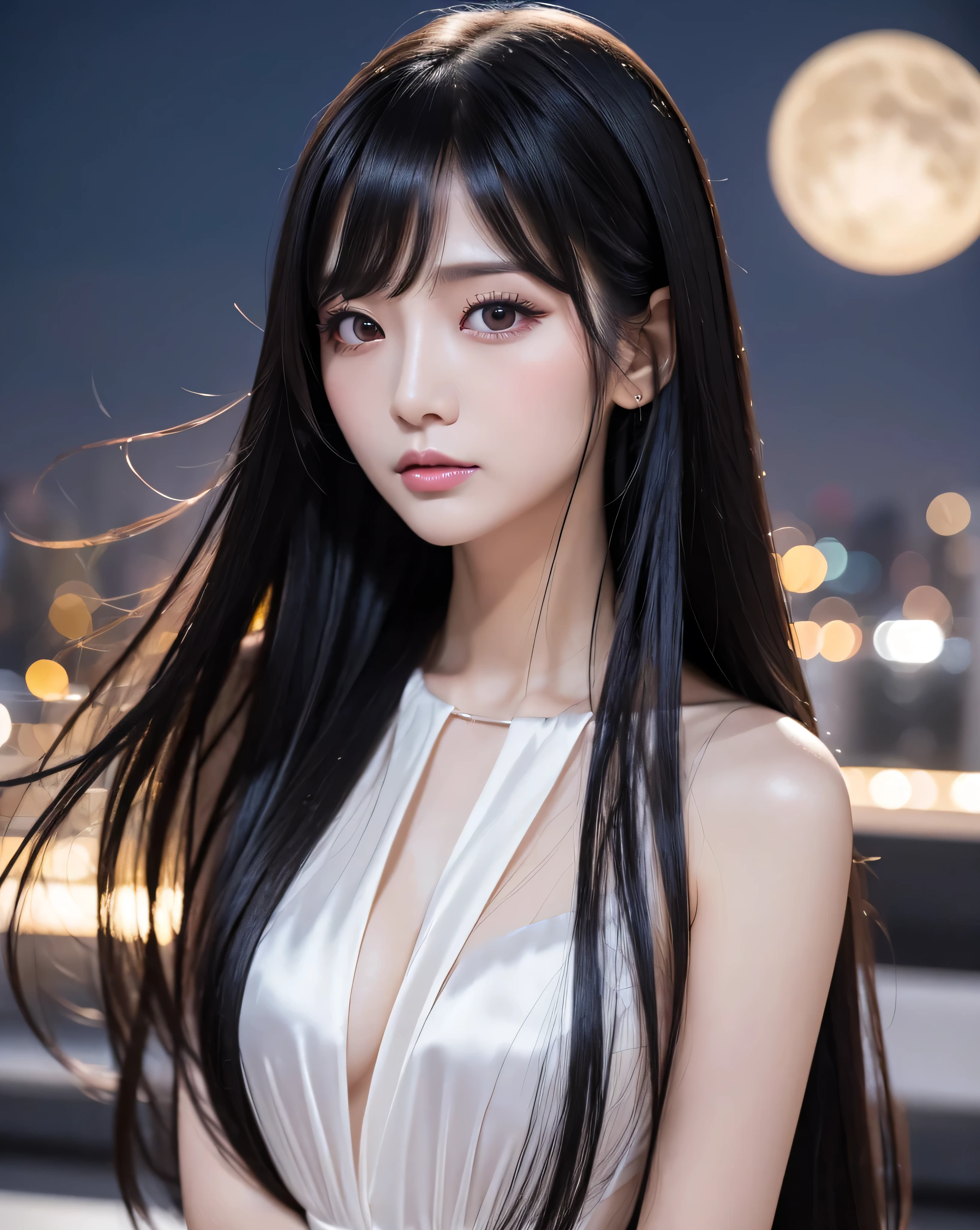 (highest quality, 32k, High resolution, masterpiece:1.5, ), marimo_jet, Impressive photographs in abstract style, Evokes a sense of calming serenity and elusive beauty, Very Rich emotional expression, Have a rich imagination, Beautiful Japanese Girl, whole bodyフルショット, Very beautiful face, Shiny black hair, Shiny, super long, straight silk hair, Asymmetrical bangs, Hair between the eyes, Beautiful thin and fine eyebrows, Magical big eyes, Moist black eyes, Smooth and clear white skin, Pale pink detailed lips, Bright makeup, Rich emotional expression, Overflowing Motherhood, With love, Fleeting Expression, (Black silk dress:1.2), High resolutionの美しい太もも, (whole body:1.3), The rooftop of the tallest building, city illumination, Detailed full moon and starry sky, Beautiful moonlight, Professional Lighting, Professional Photographer, Professional Model