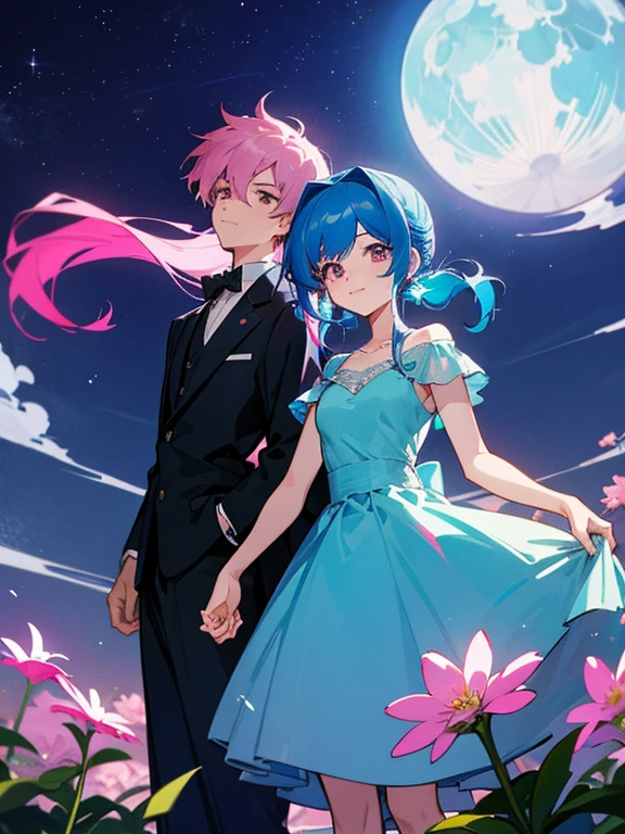 cartoon of a boy and a girl standing close together, ddlc, in the art style of 8 0 s anime, 9 0 s anime style, 90s anime style, in anime style, in an anime style, anime aesthetic, anime vibes, 9 0 s anime aesthetic, 9 0 s anime art style, lofi boy and girl, beautiful background outside, background at night with stars and a moon, fairy lights, beautiful background in a floral garden with fairy lights at night, a cute boy and a cute girl, beautiful faces, a boy and a girl, don't extra hands, NO extra hands, generate a boy and a girl with NO extra hands, NO extra arm, the boy has a short hairstyle and the girl has a long hairstyle, the boy has blue hair, the girl has pink hair, pretty faces, cute pretty boy in a smoking dress, cute pretty girl in a beautiful dress, with amazing smile, boy has a pretty smile, girl has a cute smile, cartoon of a boy and a girl standing close together, ddlc, in the art style of 8 0 s anime, 9 0 s anime style, 90s anime style, in anime style, in an anime style, anime aesthetic, anime vibes, 9 0 s anime aesthetic, 9 0 s anime art style, lofi boy and girl, beautiful background outside, background at night with stars and a moon, fairy lights, beautiful background in a floral garden with fairy lights at night, a cute boy and a cute girl, beautiful faces, a boy and a girl, don't extra hands, NO extra hands, generate a boy and a girl with NO extra hands, NO extra arm, the boy has a short hairstyle and the girl has a long hairstyle, the boy has blue hair, the girl has pink hair, pretty faces, cute pretty boy in a smocking dress, cute pretty girl in a beautiful dress, with amazing smile, boy has a pretty smile, girl has a cute smile  