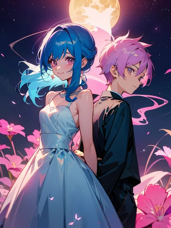cartoon of a boy and a girl standing close together, ddlc, in the art style of 8 0 s anime, 9 0 s anime style, 90s anime style, in anime style, in an anime style, anime aesthetic, anime vibes, 9 0 s anime aesthetic, 9 0 s anime art style, lofi boy and girl, beautiful background outside, background at night with stars and a moon, fairy lights, beautiful background in a floral garden with fairy lights at night, a cute boy and a cute girl, beautiful faces, a boy and a girl, don't extra hands, NO extra hands, generate a boy and a girl with NO extra hands, NO extra arm, the boy has a short hairstyle and the girl has a long hairstyle, the boy has blue hair, the girl has pink hair, pretty faces, cute pretty boy in a smoking dress, cute pretty girl in a beautiful dress, with amazing smile, boy has a pretty smile, girl has a cute smile, cartoon of a boy and a girl standing close together, ddlc, in the art style of 8 0 s anime, 9 0 s anime style, 90s anime style, in anime style, in an anime style, anime aesthetic, anime vibes, 9 0 s anime aesthetic, 9 0 s anime art style, lofi boy and girl, beautiful background outside, background at night with stars and a moon, fairy lights, beautiful background in a floral garden with fairy lights at night, a cute boy and a cute girl, beautiful faces, a boy and a girl, don't extra hands, NO extra hands, generate a boy and a girl with NO extra hands, NO extra arm, the boy has a short hairstyle and the girl has a long hairstyle, the boy has blue hair, the girl has pink hair, pretty faces, cute pretty boy in a smocking dress, cute pretty girl in a beautiful dress, with amazing smile, boy has a pretty smile, girl has a cute smile  