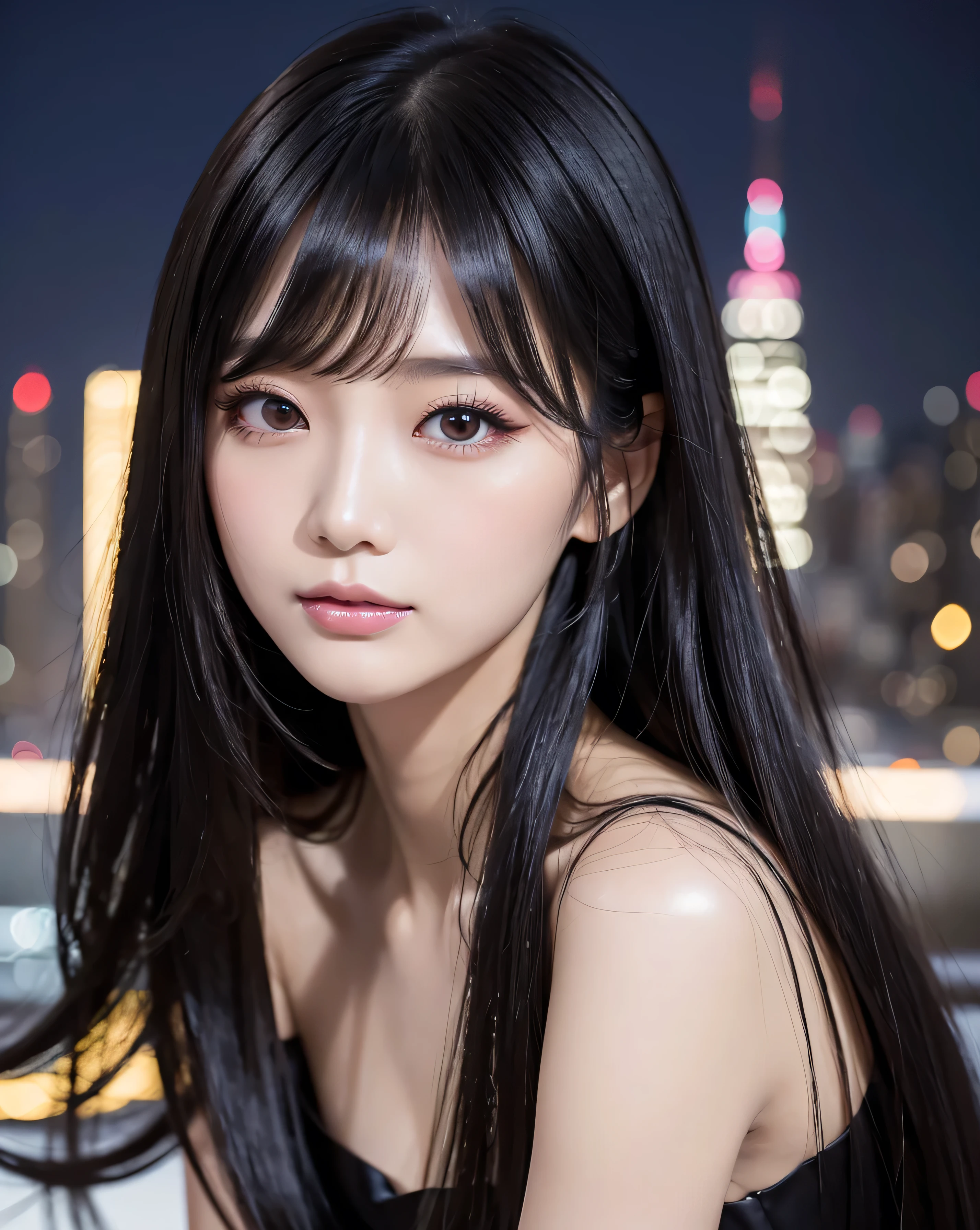 (highest quality, 32k, High resolution, masterpiece:1.5, ), marimo_jet, Impressive photographs in abstract style, Evokes a sense of calming serenity and elusive beauty, Very Rich emotional expression, Have a rich imagination, Beautiful Japanese Girl, whole bodyフルショット, Very beautiful face, Shiny black hair, Shiny, super long, straight silk hair, Asymmetrical bangs, Hair between the eyes, Beautiful thin and fine eyebrows, Magical big eyes, Moist black eyes, Smooth and clear white skin, Pale pink detailed lips, Natural Makeup, Rich emotional expression, Overflowing Motherhood, With love, (Fleeting Expression:1.4), (Black silk dress:1.2), High resolutionの美しい太もも, (whole body:1.3), The rooftop of the tallest building, city illumination, Detailed full moon and starry sky, Beautiful moonlight, Professional Lighting, Professional Photographer, Professional Model