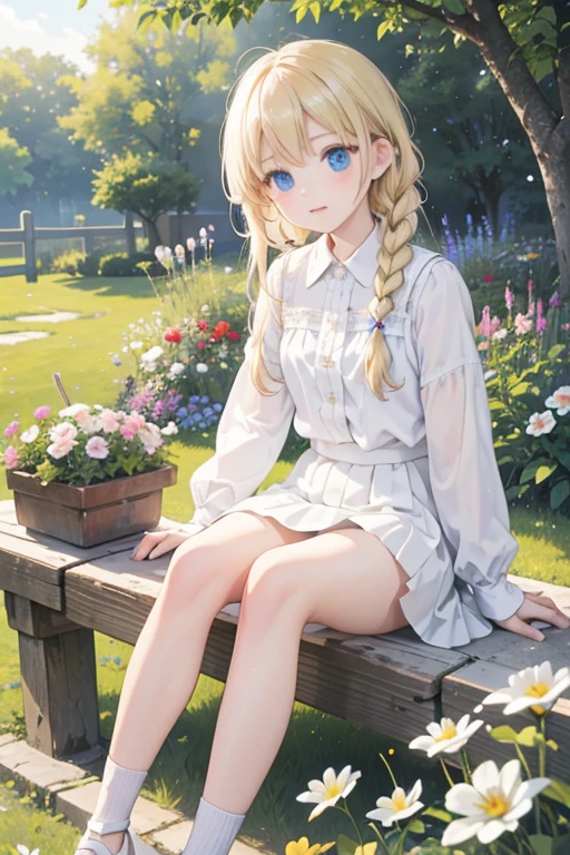 masterpiece, highest quality, High resolution, 1 17-year-old girl、blue eyes、
blonde, Braid, White shirt, Check skirt, White panties、garden、flower bed、grass、Sitting with legs crossed