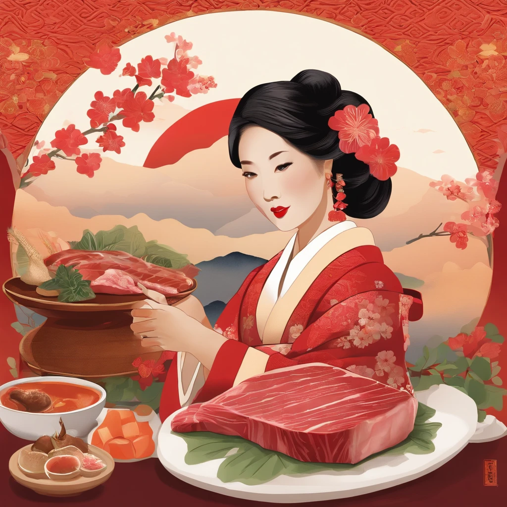 Scroll style、Japan style、kimono、woman、Giant steak