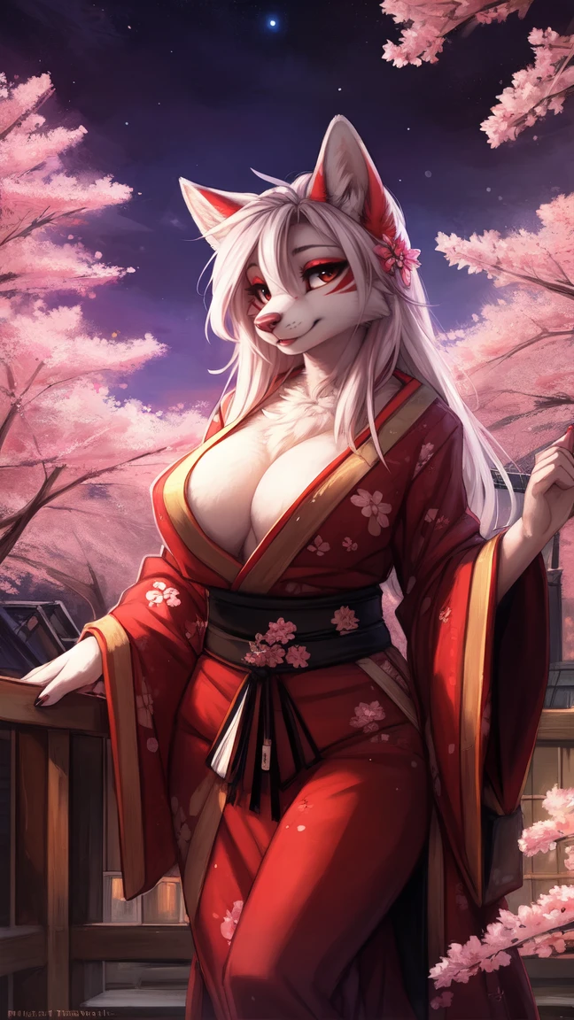 by kenket, Ross Tran, ruan jia, zaush, foxovh, by Zackary911, by hyattlen, by teranen, by fumiko, by Pixelsketcher, by fluff-kevlar, bye r-mk, by Dimwitdog, Furry, Anthro, (geisha), (luxurious black kimono), female white fox with red markings, kemono, (very huge breasts), long (elegant) white hair, hourglass body, seductive, alluring eyes, looking at viewer, red markings on body, white fur, traditional japanese, magic fantasy, (mature), milf, tall, curvy, outdoors, cherry blossoms, nighttime, (red eyeshadow), red eyeliner, very expensive black kimono with detailed cherry blossoms on it, (prostitute), lipstick, wide hips, deep cleavage,