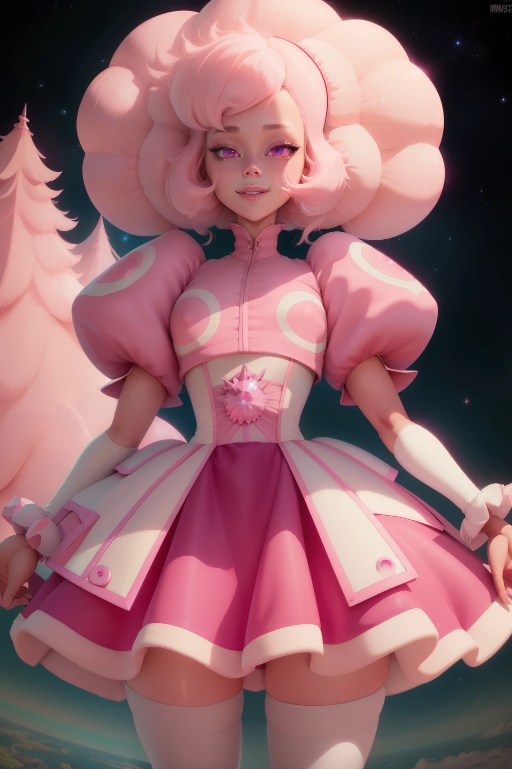pnkdamond, pink hair, pink eyes, big hair, stomach gem, pink skin, toned,
puffy short sleeves, elbow gloves , white thighhighs, puffy dress,
standing, upper body,
outerspace,
(insanely detailed, beautiful detailed face,beautiful detailed eyes, masterpiece, best quality) cinematic lighting, smile,