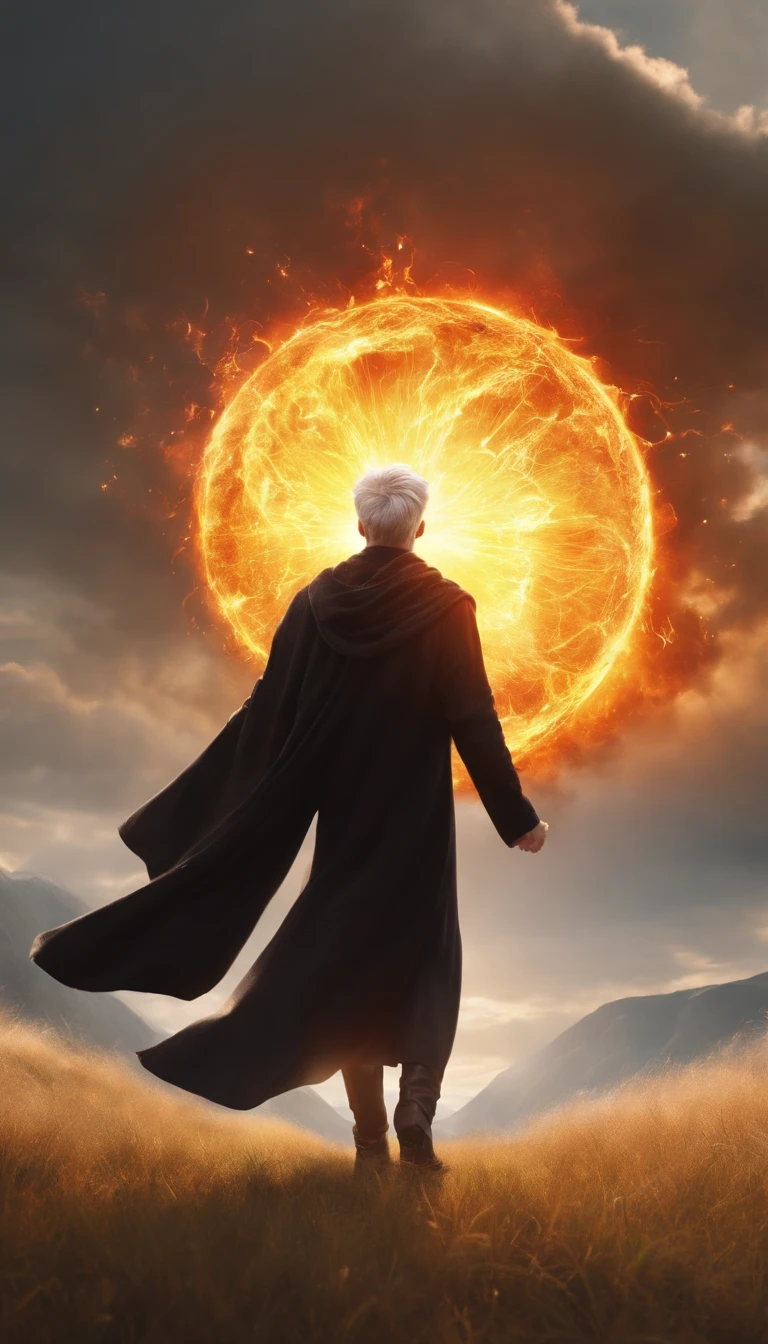 A young male wizard with grey short hair wearing black clothes from behind casting a super massively huge fireball in the open grass field with bright sun in the sunny day