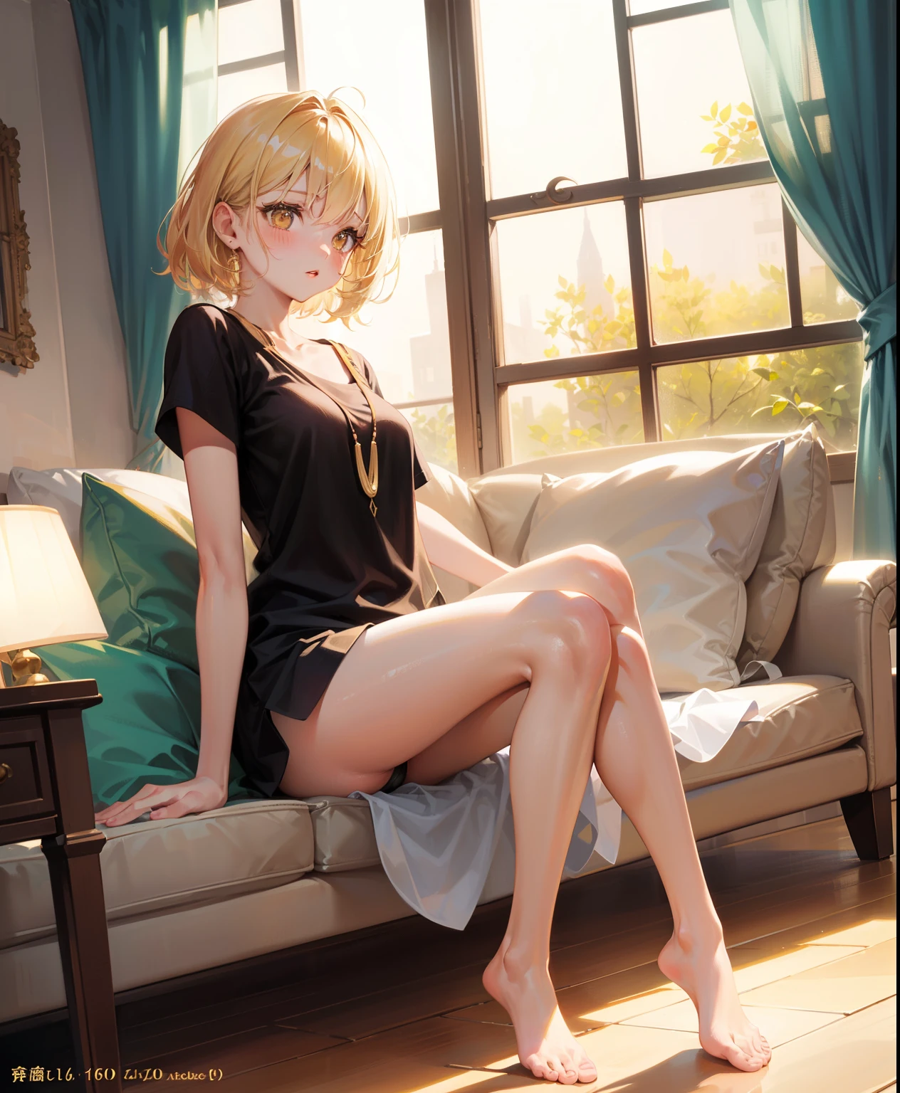 Dynamic posing, dynamic angle, Arrange pose,Top quality work,Show Legs,((short wavy Creamy Golden Blonde hair)),(Creamy Blonde hair),(short hair),(wavy hair),(golden eyes), , lovely red lips, Rose cheeks, Pretty Face, A perfectly proportioned face, (casual home clothes), wearing long oversized shirt and panties, white stockings,in her room,full-body view, amazing, Large round chest、Beautiful eye details、Beautiful eyelashes、beautiful double eyelid, with blush cheeks, shy