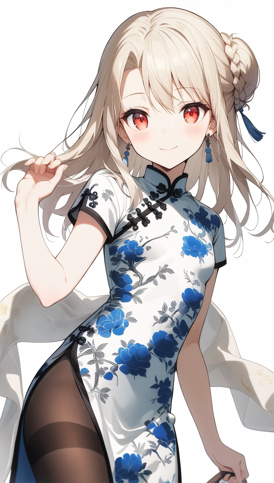qipao,solo,1girl,(illyasviel von einzbern),red_eyes,cream hair,(french braid),smile,blue flower,breasts,china dress,chinese clothes,dress,shawl,earrings,floral print,hand up,long hair,looking at viewer,pantyhose,print dress,simple background,smile,solo,white background