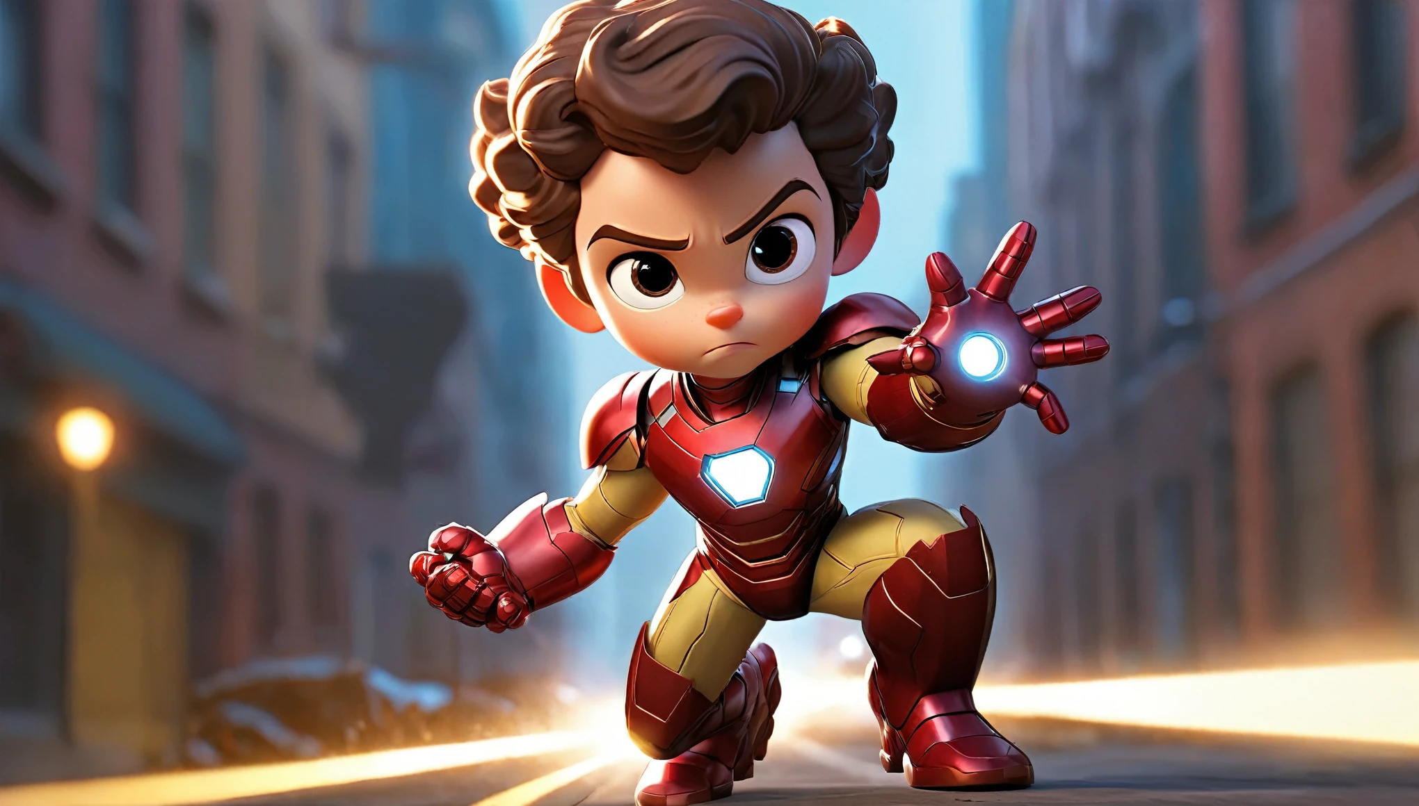 a boy with short, very curly brown hair and short curls, he is . A dressed as a Marvel Iron Man-style superhero, releasing bolts of power from his hands in an animated style reminiscent of Pixar. The scene is dynamic, capturing a happy heroic stance with bright energy emanating from his hands. The background features a softly blurred urban scene illuminated by night lights