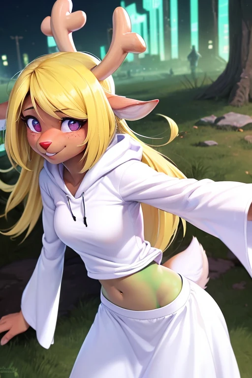 (noelle, furry female anthro, blonde hair, deer girl, red deer nose, white eyes, white pupils, white robe, hooded robe, big breasts, midriff), sad, outstretched arms, green neon city, smiling