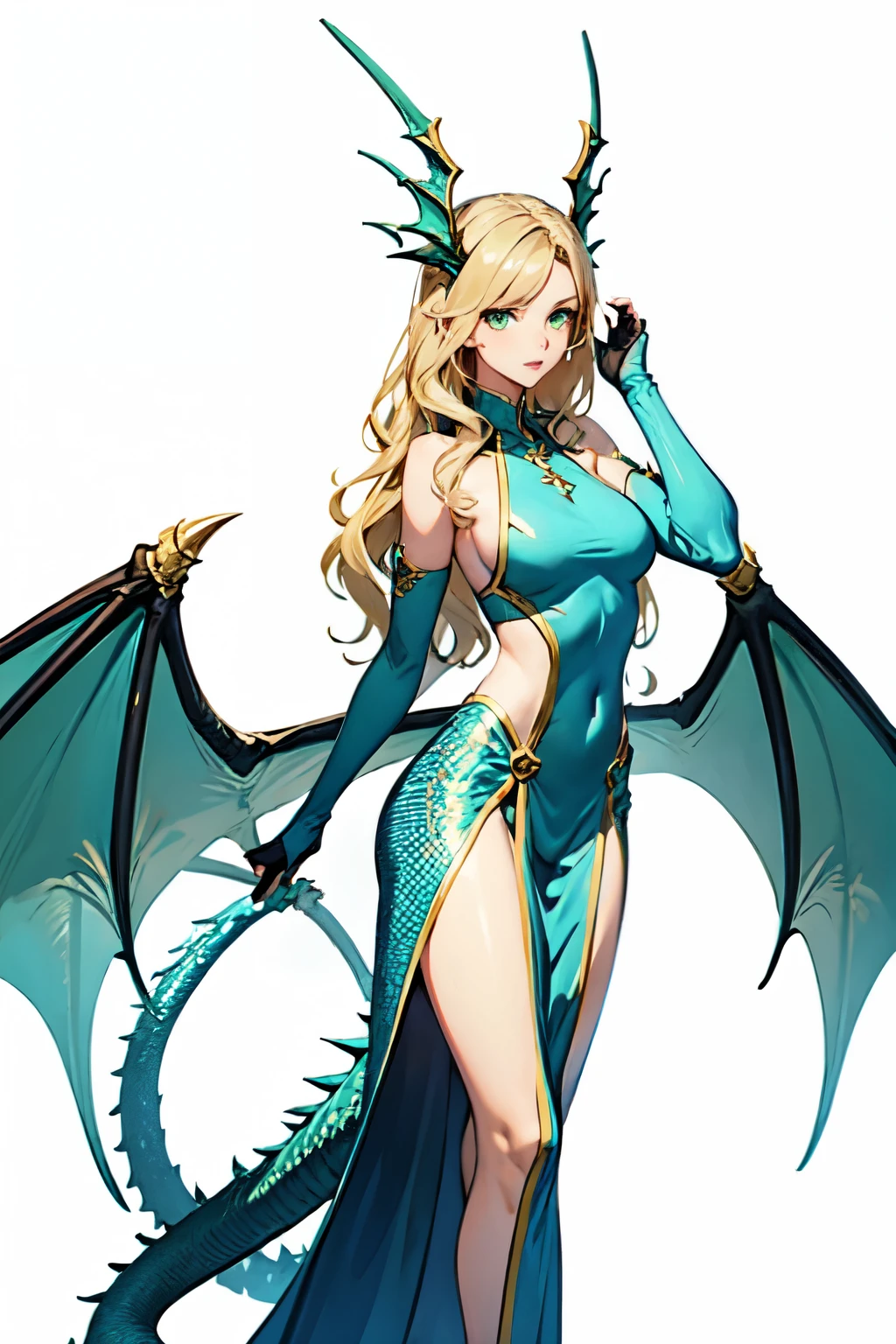 1 girl, blonde hair, wavy hair, green eyes, dragon wings, skin with dragon scales, perfect , round , fantasy costume, transparent background, splash art, (uhd), (amazing quality)