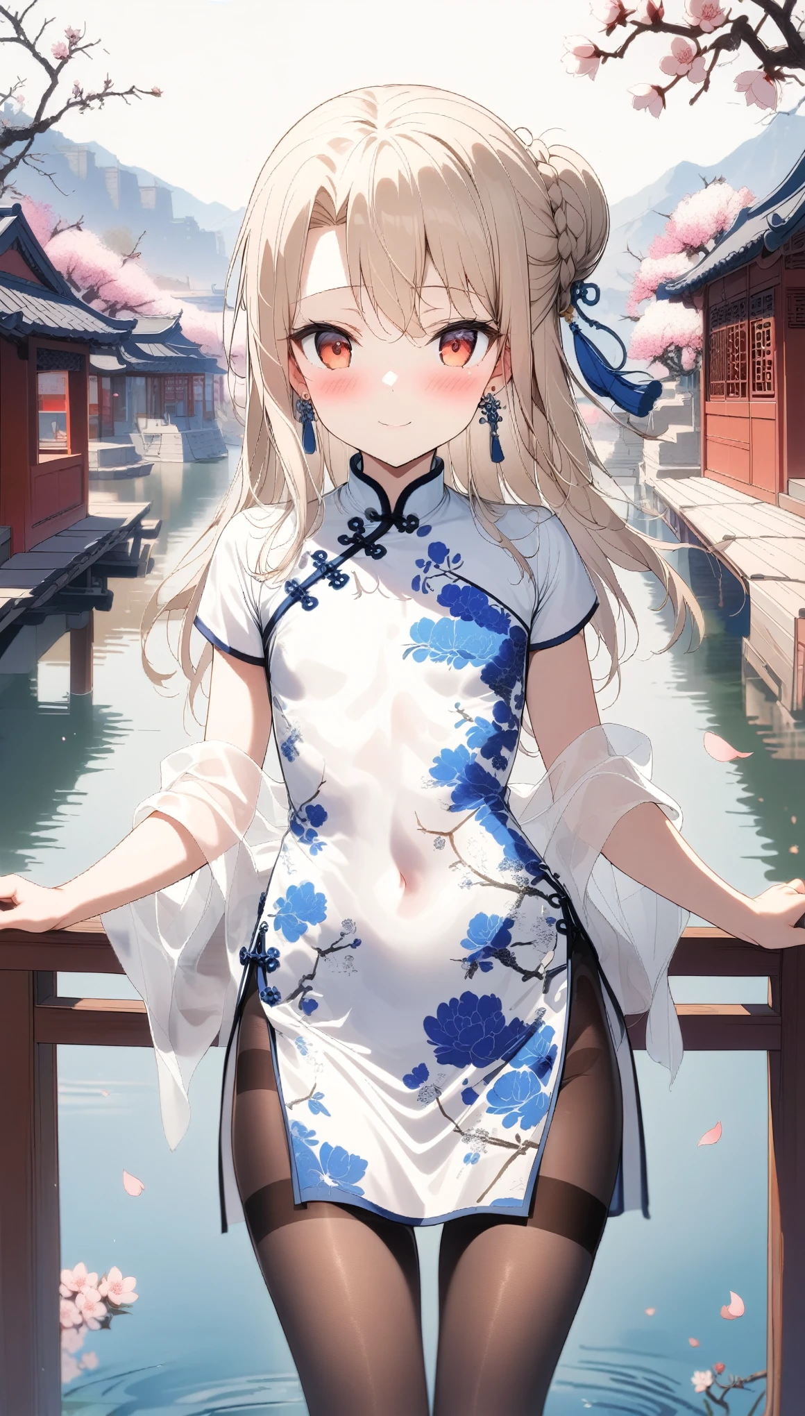 1girl,(illyasviel von einzbern),red_eyes,cream hair,(french braid),smile,blush,flower,beautiful detailed_background,small breasts,butterfly,((blue and white porcelain gorgeous qipao,china dress,chinese clothes,dress),gold trim,floral print,(shawl),jewelry,earrings,explicit,flower,general, hair_ornament,peach blossom,long_hair,looking_at_viewer,pantyhose,print dress,solo,thighband pantyhose,questionable,sensitive,solo,tassel,tassel_earrings,(spring),Chinese style architecture, Chinese style, lake, ancient town, beautiful and meticulous water, (Fishing boat), pavilion,steam,Surrounding by falling peach blossoms petals,