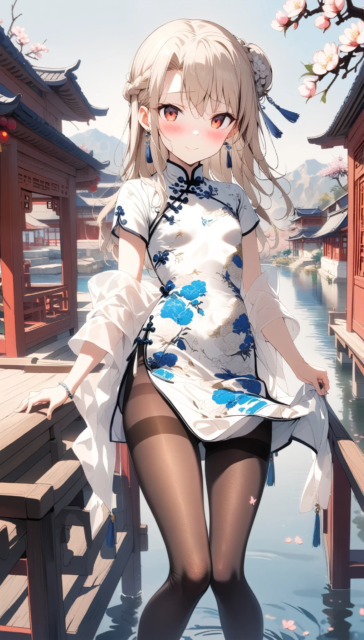 1girl,(illyasviel von einzbern),red_eyes,cream hair,(french braid),smile,blush,flower,beautiful detailed_background,small breasts,butterfly,((blue and white porcelain gorgeous qipao,china dress,chinese clothes,dress),gold trim,floral print,(shawl),jewelry,earrings,explicit,flower,general, hair_ornament,peach blossom,long_hair,looking_at_viewer,pantyhose,print dress,solo,thighband pantyhose,questionable,sensitive,solo,tassel,tassel_earrings,(spring),Chinese style architecture, Chinese style, lake, ancient town, beautiful and meticulous water, (Fishing boat), pavilion,steam,Surrounding by falling peach blossoms petals,