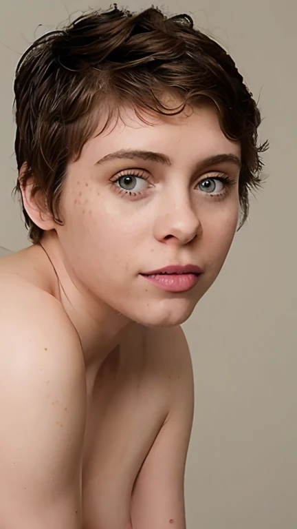 ((s0ph)), Sophia Lillis desnuda, gargantilla, medias de rejilla, cabeza agachada ,insinuante,pelo corto, pecas , sin cuernos, sin orejas de zorro, sin pecho, sin tetas,,vista de frente, boca arriba ,cuerpo entero,culo bonito,delgada, flaca