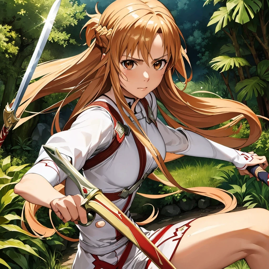 ((highest quality)), ((masterpiece)), (detailed), Perfect Face、（The woman is Yuuki Asuna and has light brown hair.）, A woman fights with a sword in the jungle