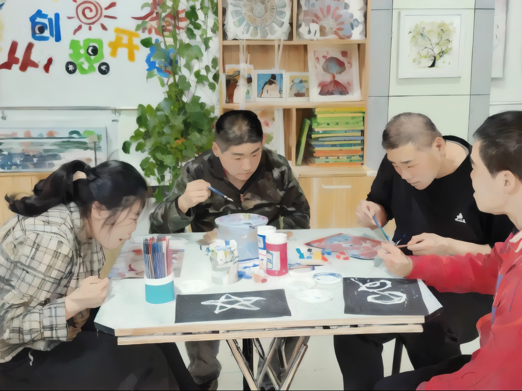 Several children sitting at the table，Holding a book and a painting in hands, acrylic art, 玻璃上painting, art project, Inspired by Zhang Xiaogang, 协作painting, Strokes, painting, Chinese style, inspired by Wen Zhenheng, abcdefghijklmnopqrstuvwxyz, , Chinese painting style