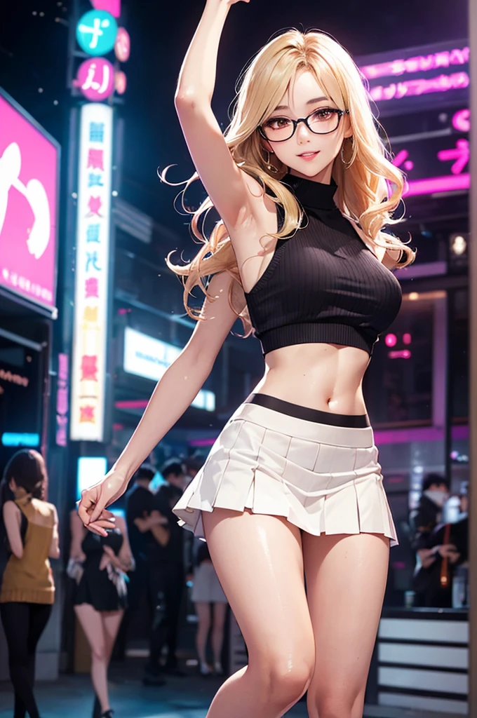(masterpiece:1.3), high resolution, ultra detailed, extremely detailed CG unity 8k wallpaper, realistic, photo-realistic, RAW photo, beautiful detailed face, pale skin, realistic glistening skin, detailed cloth texture, detailed hair texture, Perfect body, Beautiful Face, accurate, Anatomically correct, Highly detailed face and skin texture, natural neck length, (beautiful hands), (fair skin:1.2), Thin legs, Thin feet,
BREAK,
Detailed eyes, symmetric eyes, Light Brown eyes, Double eyelids, Thin eyebrows, (Glossy lips:1.4), (gently smile:1.2),
BREAK,
(nsfw:1.2), (A Classy and Cute girl:1.3), (1 girl, one girl), ((wearing a sleeveless high neck midriff sweater:1.3)), (White pleated mini skirt), (long boots), (wearing glasses:1.1),
(medium large breasts, slender figure, firm abs, firm breasts:1.2), beautiful clavicle,
(blonde hair, wavy hair, long hair:1.3), ((asymmetrical bangs:1.2)),
BREAK,
((dancing inside the night club at Roppongi in Japan:1.3)), (((Very dim lighting, Colorful neon lights))), (From below:1.2), (looking down at viewer:1.2), ((Focus on face:1.2)), (Full body shot:1.2),