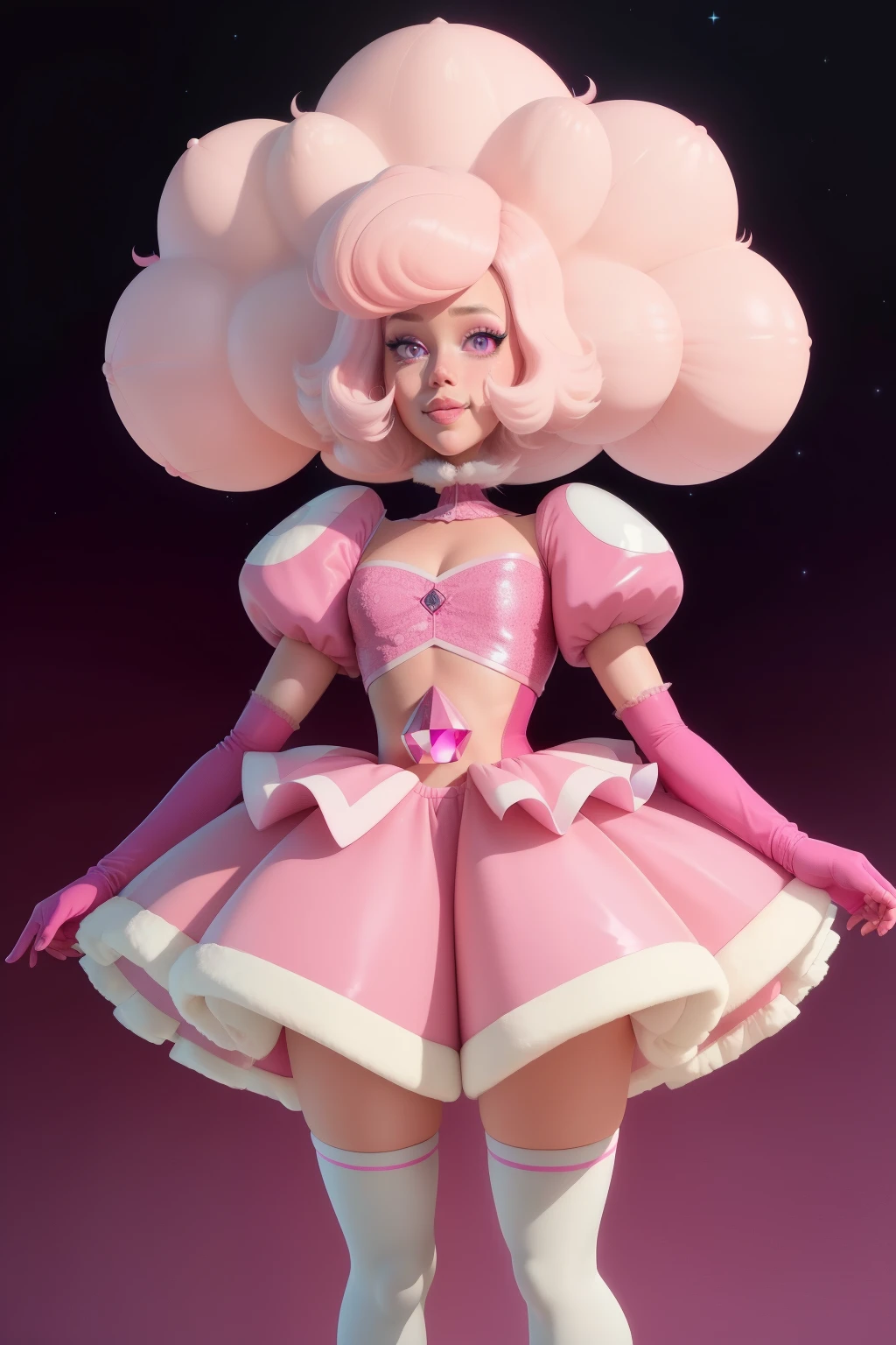 pnkdamond, pink hair, pink eyes, big hair, stomach gem, pink skin, toned,
puffy short sleeves, elbow gloves , white thighhighs, puffy dress,
standing, upper body,
outerspace,
(insanely detailed, beautiful detailed face,beautiful detailed eyes, masterpiece, best quality) cinematic lighting, smile,