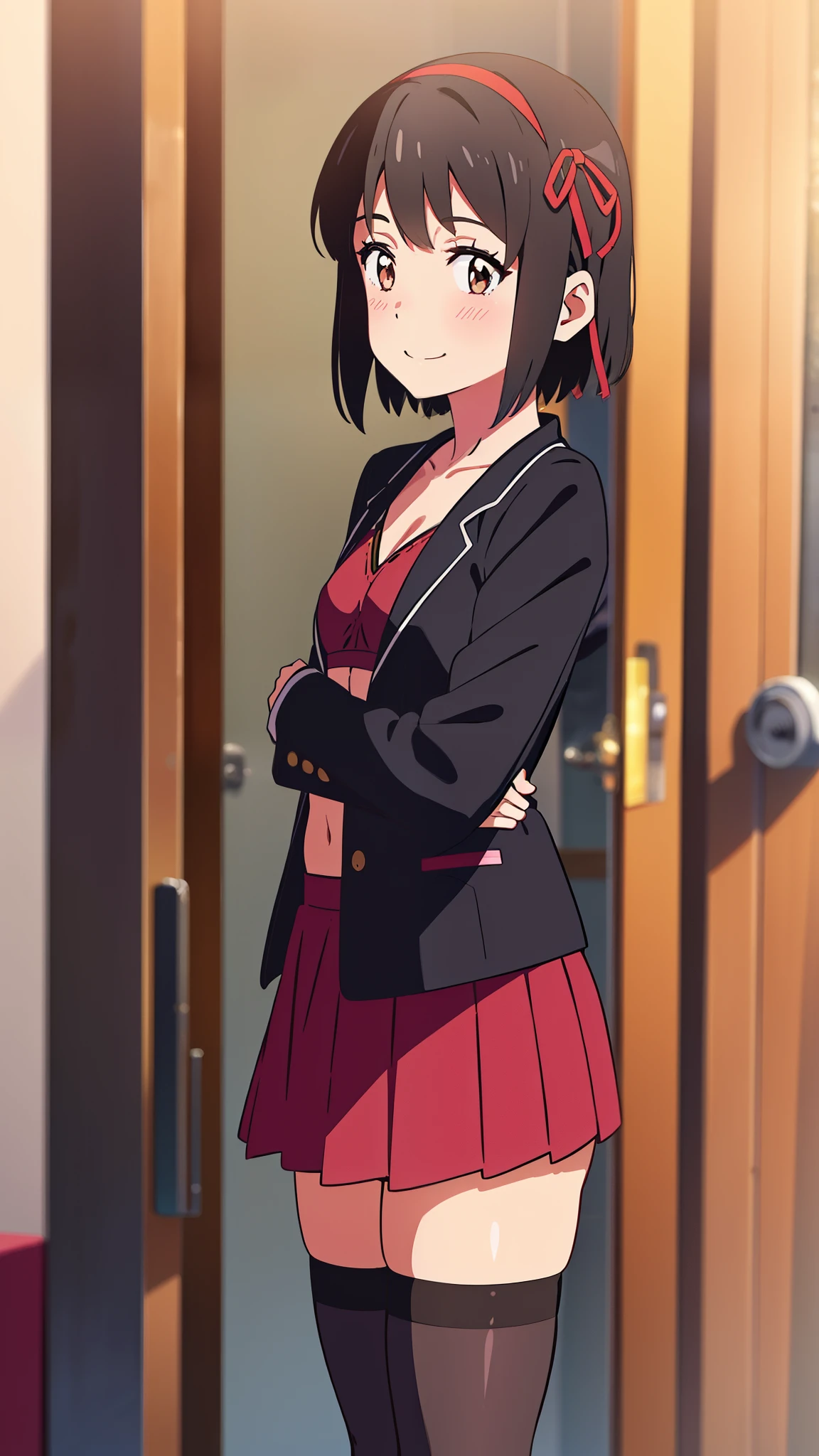 shinkai makoto, kimi no na wa., 1girl, bangs, black hair, blush, brown eyes, idol, collarbone, red headband, red ribbon, open jackets, black bikini, red skirt, short skirt, black thighhighs, short hair, smile, cute, solo, love background, upper body