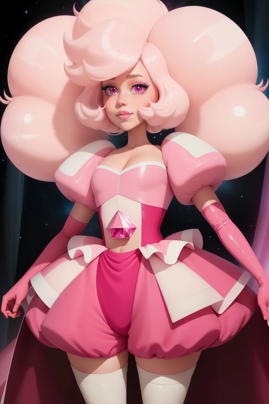 pnkdamond, pink hair, pink eyes, big hair, stomach gem, pink skin, toned,
puffy short sleeves, elbow gloves , white thighhighs, puffy dress,
standing, upper body,
outerspace,
(insanely detailed, beautiful detailed face,beautiful detailed eyes, masterpiece, best quality) cinematic lighting, smile,