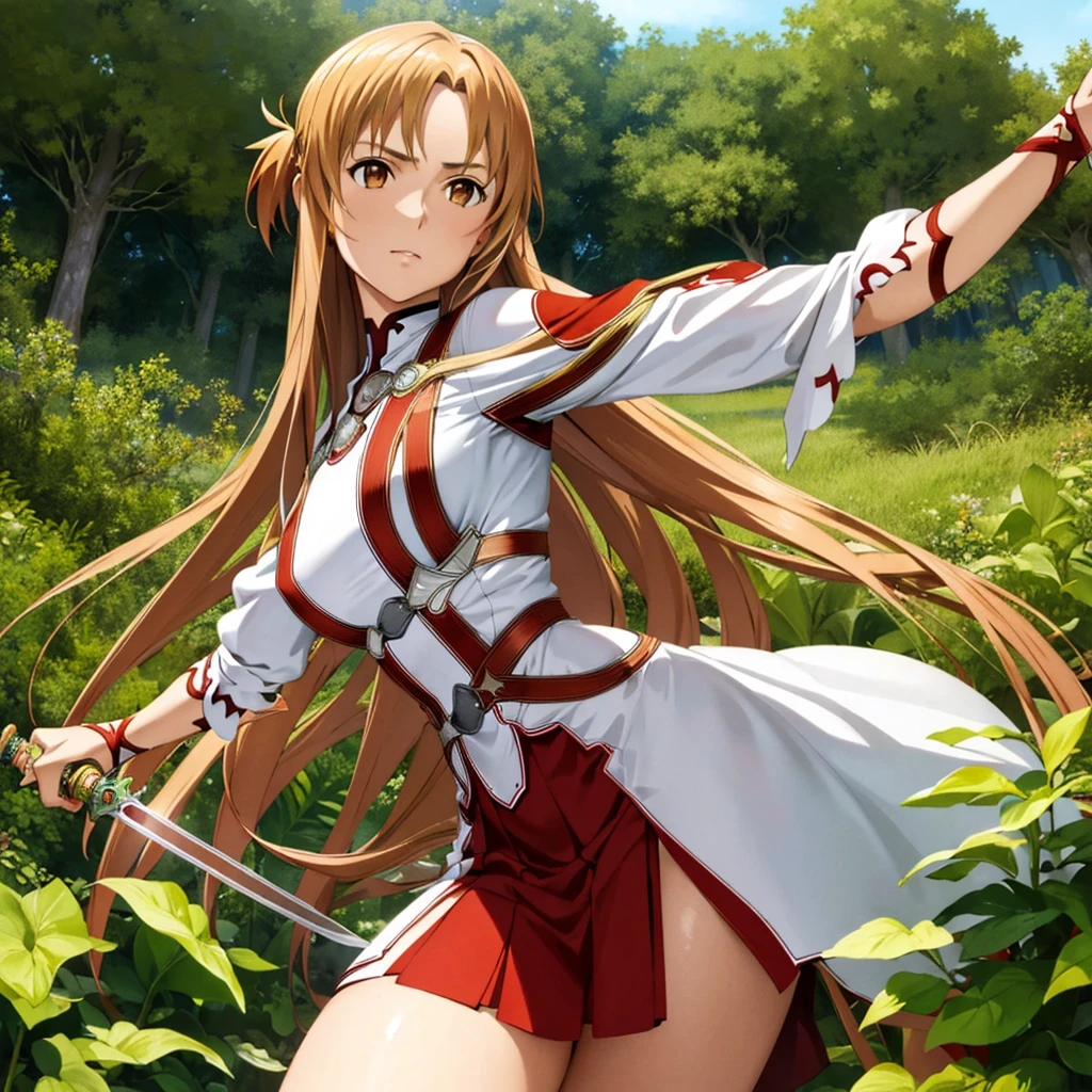 ((highest quality)), ((masterpiece)), (detailed), Perfect Face、(The woman is Yuuki Asuna and has light brown hair.), A woman fights with a sword in the jungle