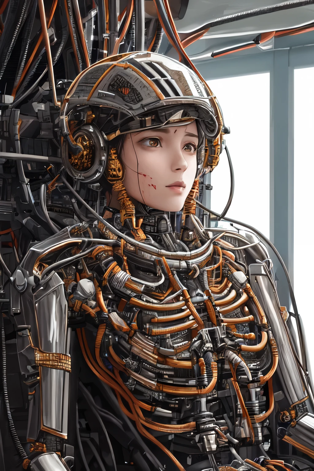 1. Machine Girl,Ultra-Realistic Details, Portraiture, Global Illumination, Shadow, Octane Rendering, 8k, Ultra Sharp,Complex, Decorations detailed, Cool colors, Metal, More about Egypt, highly Complex details, Realistic Light, Trending on CGSociety, Glowing Eyes, To the camera, Neon Details, Mechanical limbs,Blood vessels connected to tubes,Mechanical vertebrae attached to the back,Cervical vertebrae mechanically attached to the neck,Sitting,Wires and cables connecting to the head