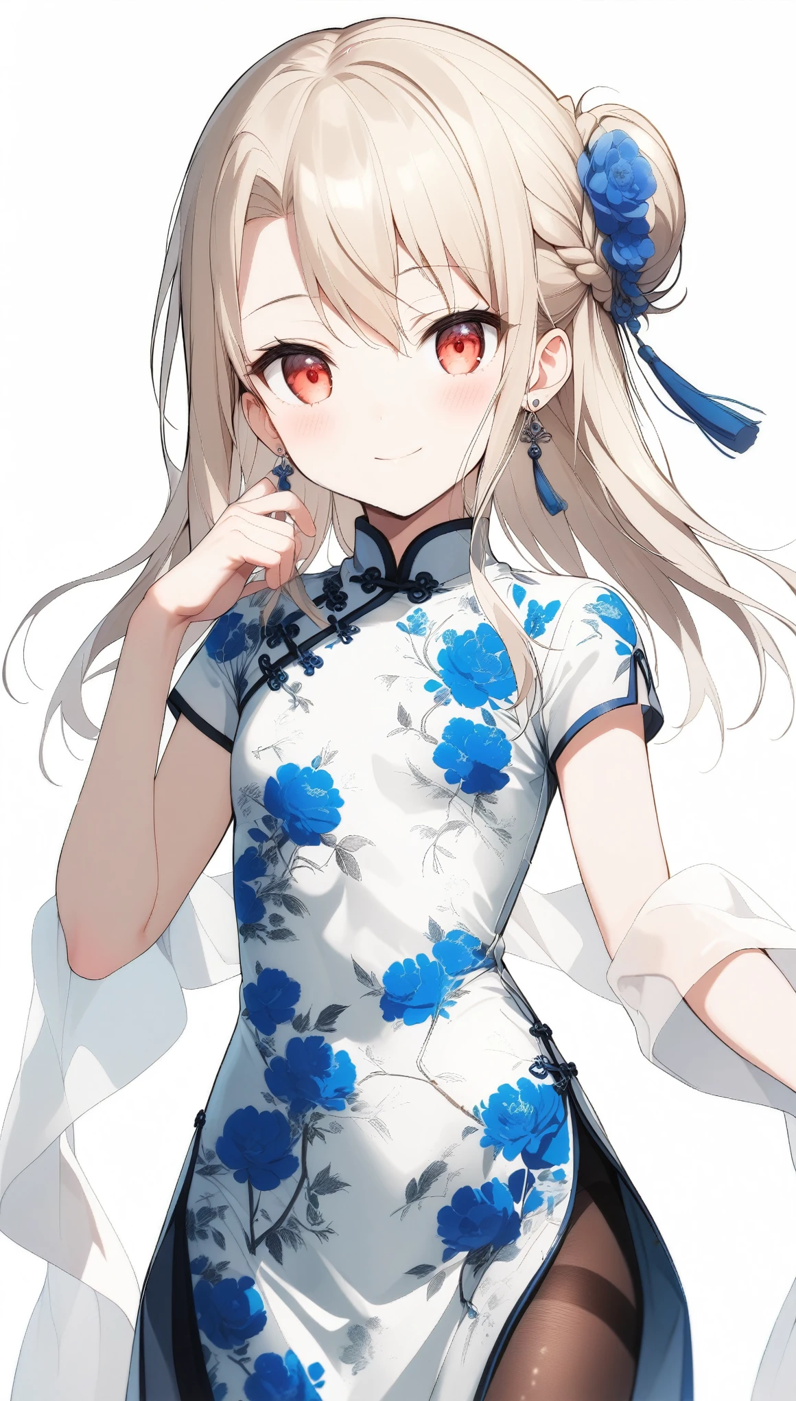 qipao,solo,1girl,(illyasviel von einzbern),red_eyes,cream hair,(french braid),smile,blue flower,breasts,china dress,chinese clothes,dress,shawl,earrings,floral print,hand up,long hair,looking at viewer,pantyhose,print dress,simple background,smile,solo,white background