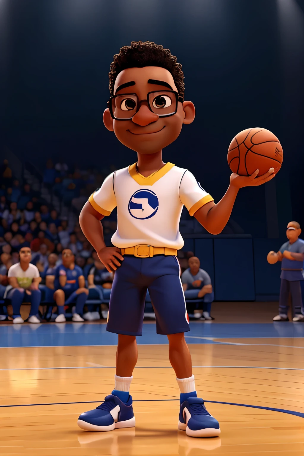 personagem fofinho masculino da disney, pele branca, magro, face with mustache and glasses, cabelo curto e preto, com um uniforme de basquete, in hands a basketball, scenery a basketball court, tudo no estilo da disney PIXAR