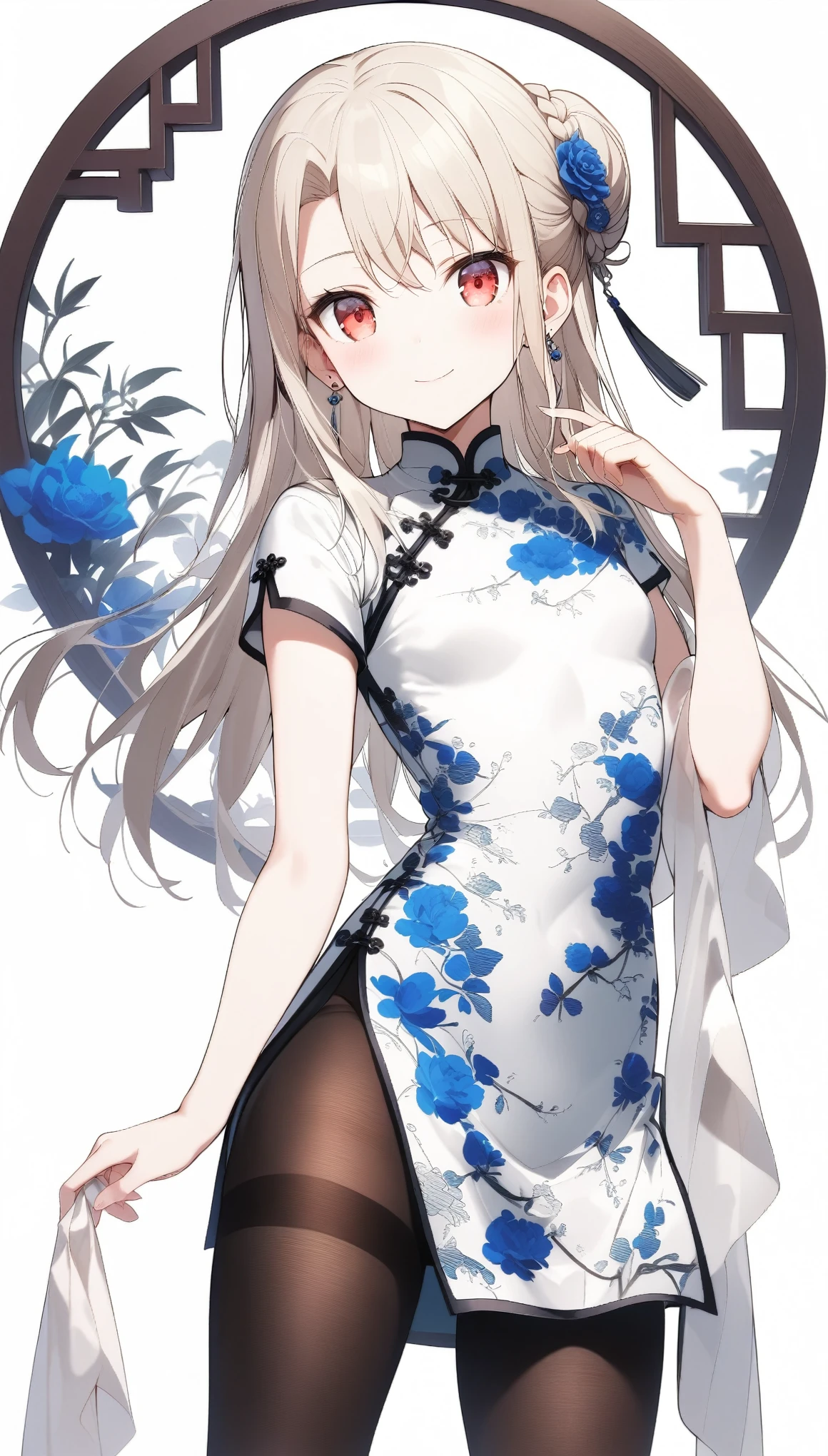 qipao,solo,1girl,(illyasviel von einzbern),red_eyes,cream hair,(french braid),smile,blue flower,breasts,china dress,chinese clothes,dress,shawl,earrings,floral print,hand up,long hair,looking at viewer,pantyhose,print dress,simple background,smile,solo,white background