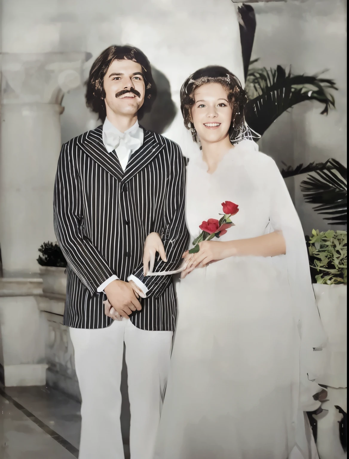 A couple of newlyweds,romantic scenery,soft lighting,beautifully adorned bride,stunning wedding dress,elegant groom,tender affection,joyful celebration,floral decorations,sparkling diamond ring,love and happiness,breathtaking view,intimate embrace,wedding vows,unforgettable memories,blissful atmosphere,vibrant colors,perfectly captured moments,exquisite details,masterpiece-quality,ultra-detailed,photo-realistic,romantic portraits,stunning landscapes,soft pastel color palette,subtle and warm lighting.