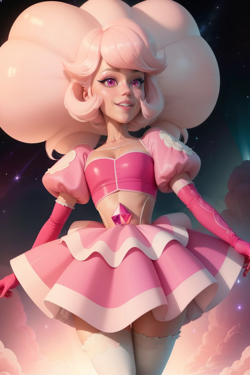 pnkdamond, pink hair, pink eyes,  big hair,  stomach gem,  pink skin,  toned, 
puffy short sleeves, elbow gloves ,  white thighhighs,   puffy dress, 
standing, upper body, 
 outerspace,  
(insanely detailed, beautiful detailed face,beautiful detailed eyes, masterpiece, best quality) cinematic lighting,  smile, 
 