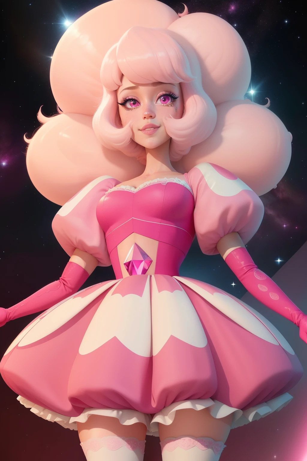 pnkdamond, pink hair, pink eyes, big hair, stomach gem, pink skin, toned,
puffy short sleeves, elbow gloves , white thighhighs, puffy dress,
standing, upper body,
outerspace,
(insanely detailed, beautiful detailed face,beautiful detailed eyes, masterpiece, best quality) cinematic lighting, smile,