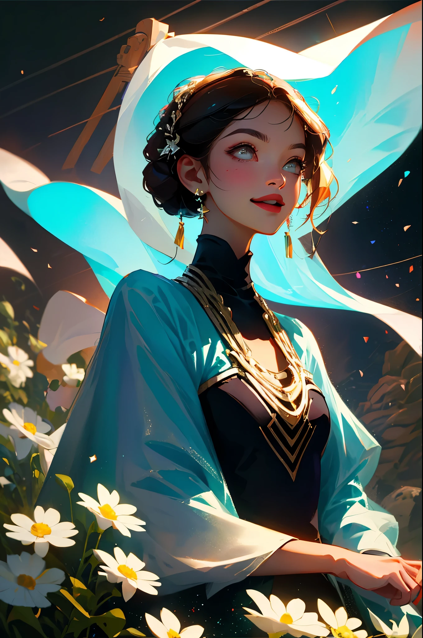 (best quality, masterpiece), 1 Girl, 在摄影棚里摆posture拍杂志照片, Fashion, {Upper Body | close up}, Smile:1.15, looking at vewer,posture, particle, wind, flower, Upper Body, Simple background, Looking at the audience, Blonde, galaxy,