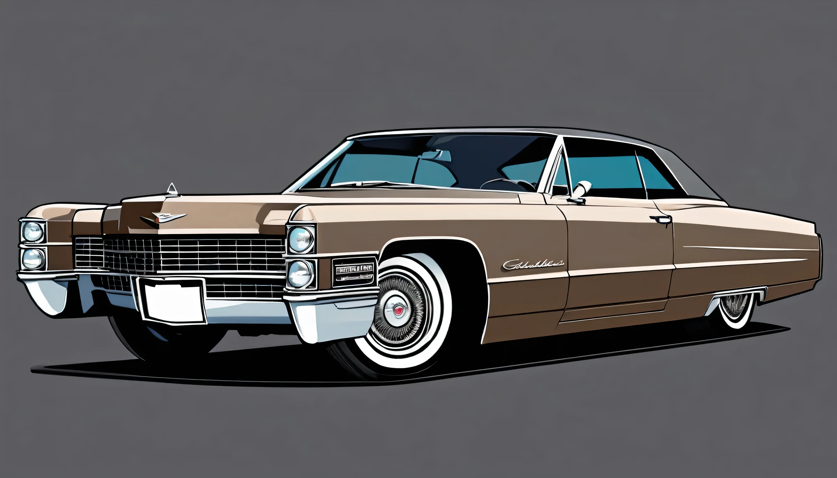 Dark Taupe colored 1967 cadillac deville coupe, 2 door, pop art, cartoonish style , sketch, detailed illustration, large black wheels, wide bodykit, masterpiece, highly detailed ((([simple dark grey background])))