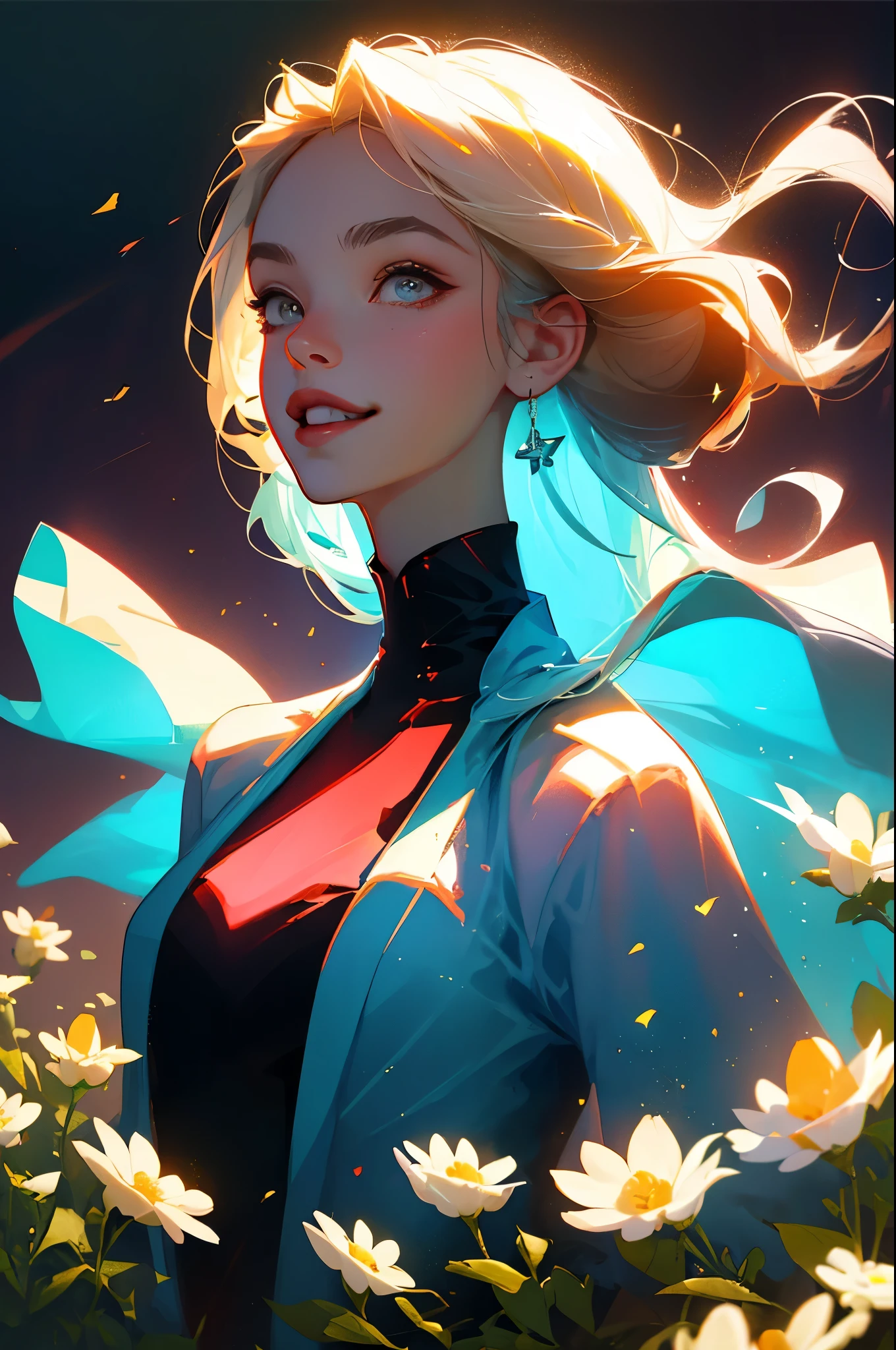(best quality, masterpiece), 1 Girl, 在摄影棚里摆posture拍杂志照片, Fashion, {Upper Body | close up}, Smile:1.15, looking at vewer,posture, particle, wind, flower, Upper Body, Simple background, Looking at the audience, Blonde, galaxy,
