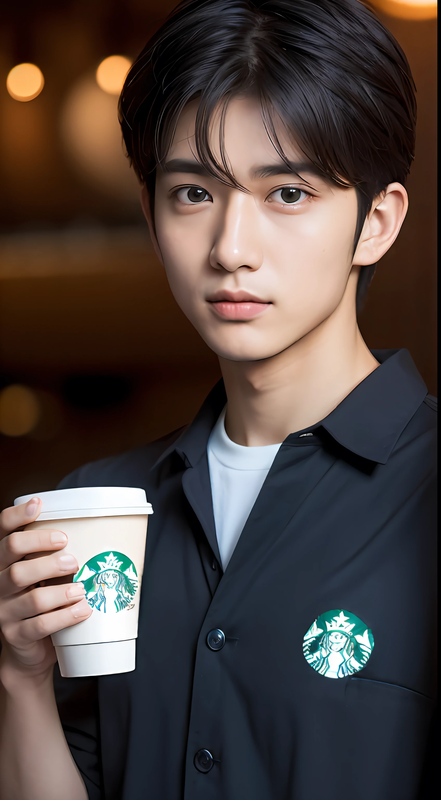 4K、Top quality、On the table、Japanese male 18 years old、A handsome、Starbucks Coffee、Looking at the camera