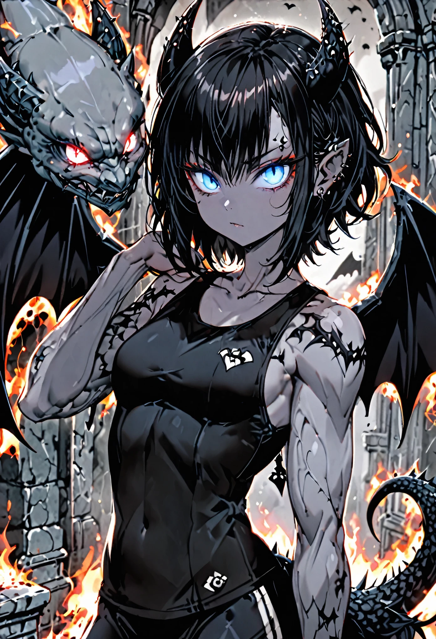 solo, female, sfw, medium shot, gargoyle, grey skin, piercing sapphire blue eyes, glowing eyes:0.2, short spiky hair, jet black hair, athletic, muscular, stoic small breasts, tanktop, grey bat wings, grey spade tail, pose, horns