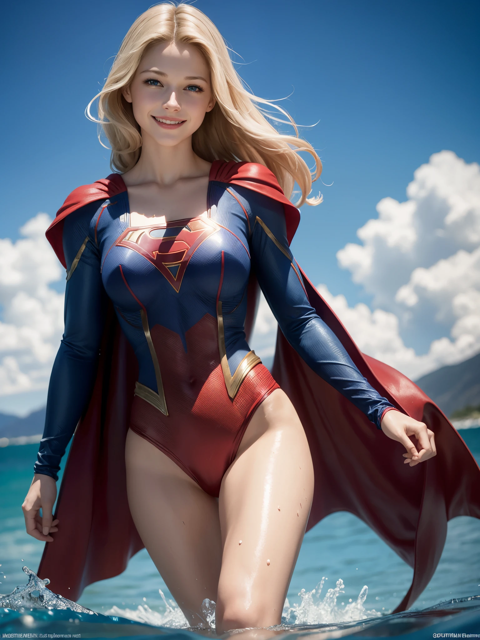 Uhd, ultra realistic, masterpiece, Melissa Benoist, in supergirl costume, blonde, in the water, blue eyes, perfect body, slim, breasts, professional lighting, smiling, sexy, provocative pose