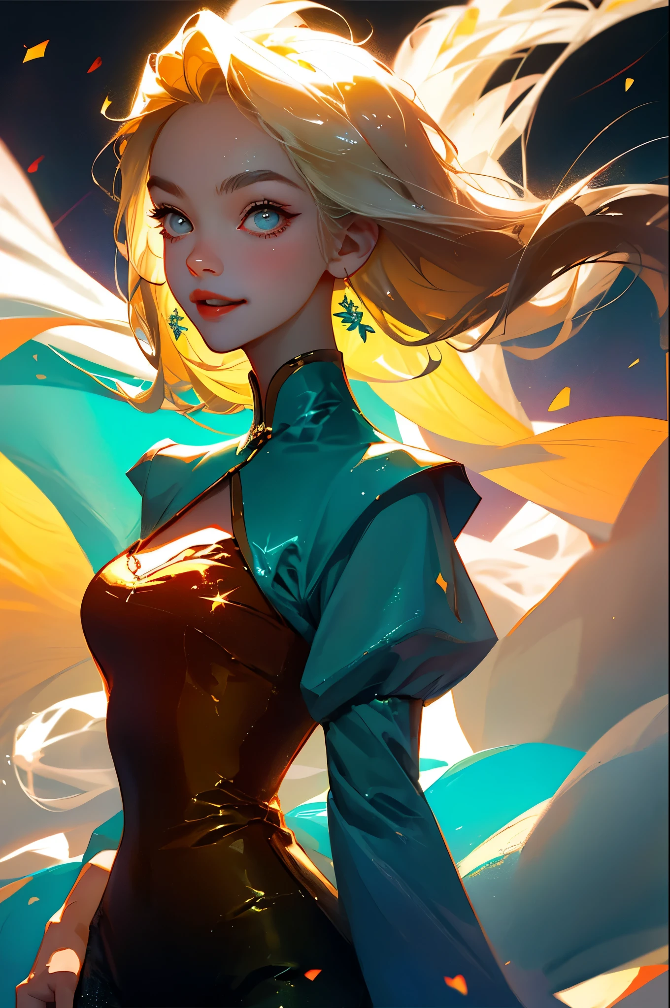 Masterpiece, best quality, super high resolution, fluorescent color,1 girl, looking at the audience, beautiful face, beautiful eyes, (bare shoulder: 1.2), head up, upper body, forest, shiny hair, shiny skin, glowing cut, chibi, hands not shown: 1.5, black starlight dress, particles