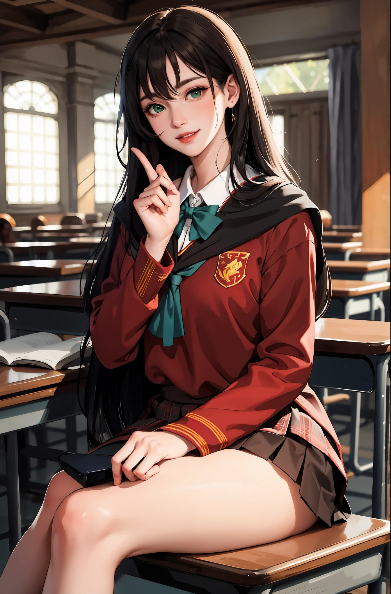 (masterpiece:1.2, best quality), (real picture, intricate details), 1lady, solo, upper body, showing legs, sitting down, school, school settings, long hair, minimal makeup, detailed face, smiling, really long black hair, bangs, hair between eyes, green eyes, big plump breasts, big ass, SFW, clothes, Gryffindor, Gryffindor clothes, Hogwarts, Hogwarts clothing, (school classroom), (school), (cute), (innocent), (face closeup)