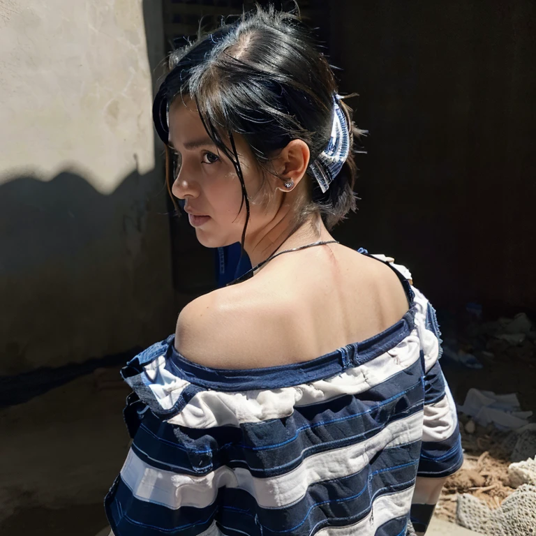 realistic girl with messy and cut black hair , she is looking back, wearing a torn white blouse with blue stripes and is dirty with dirt, she has tears in her eyes, Bad lighting, fundo preto, Foque apenas em seu rosto, seu olhar transmite perda e desespero