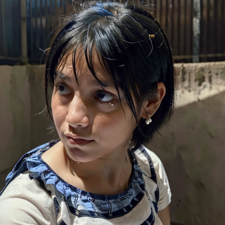 realistic girl with messy and cut black hair , she is looking back, wearing a torn white blouse with blue stripes and is dirty with dirt, she has tears in her eyes, Bad lighting, fundo preto, Foque apenas em seu rosto, seu olhar transmite perda e desespero