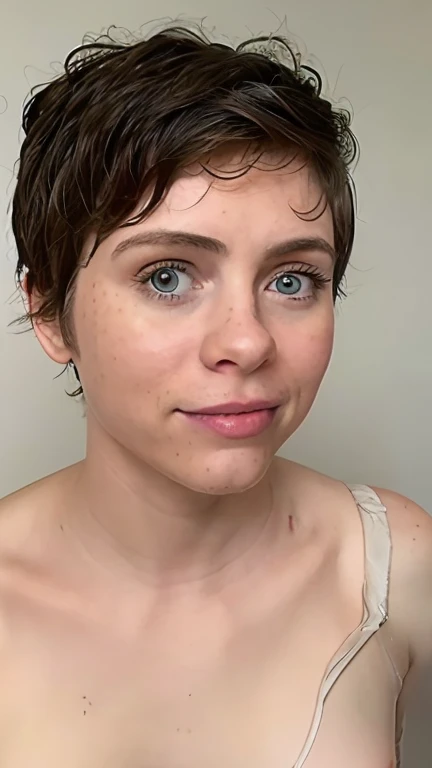 ((s0ph)), Sophia Lillis desnuda, gargantilla, medias de rejilla, cabeza agachada ,insinuante,pelo corto, pecas , sin cuernos, sin orejas de zorro, sin pecho, sin tetas,,vista de frente, boca arriba ,cuerpo entero,culo bonito,delgada, flaca