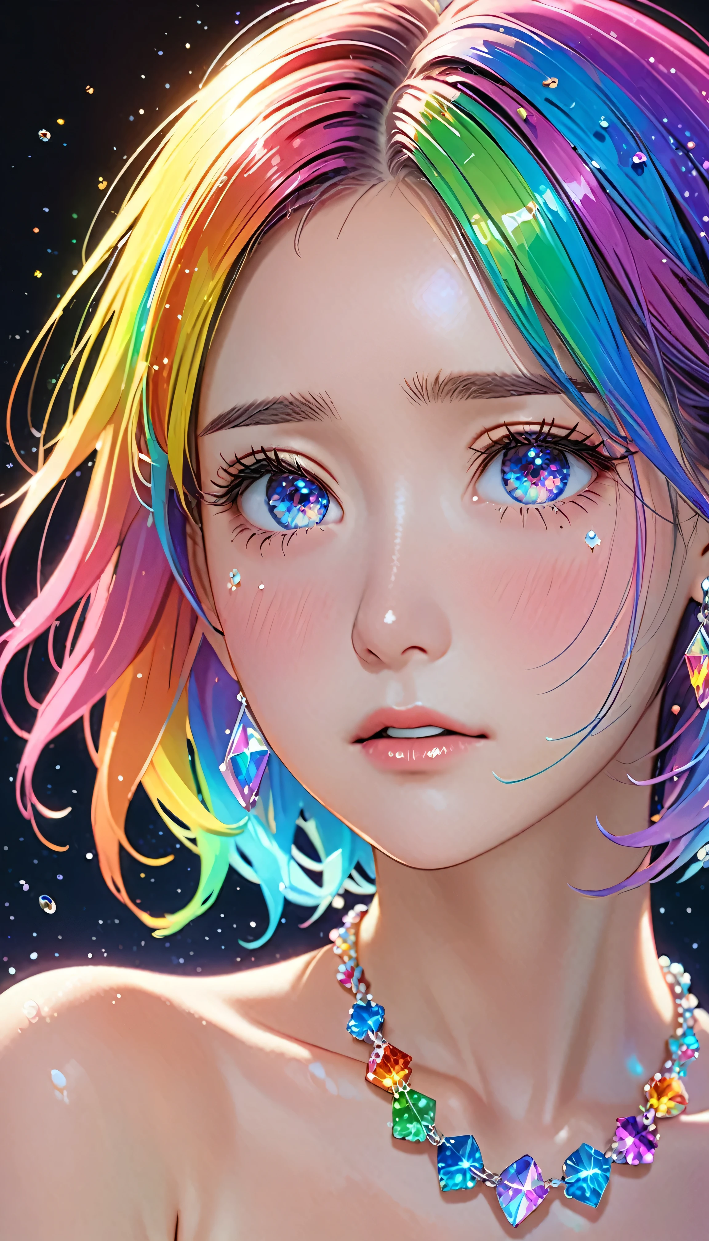 National Science Foundation,masterpiece,High resolution,8K,Art,digit,Three-dimensional,Realism,Kyoto Animation Style,your name movie style, ((Splash of Color, Ink splash)),looking into camera,Soft Light,Glowing skin,(1 female: 1.3),(alone: 1.4),(((colorful hair))),((Naked upper body)),(Rainbow crystal hair clip),(Small,Rainbow crystal necklace),(Small,rainbow crystal earrings),(Rainbow crystal bracelet),(Rainbow crystal ring),Long eyelashes,Slender legs,Short Bob,Close-up of upper body,Close-up,close view,White background,(Eyes as deep as the starry sky),(Shut up),(blush),(shy),(lovely and delicate),(Pitiful),(((cry))),(((Tears))),(((extremely sad))),(((despair)))