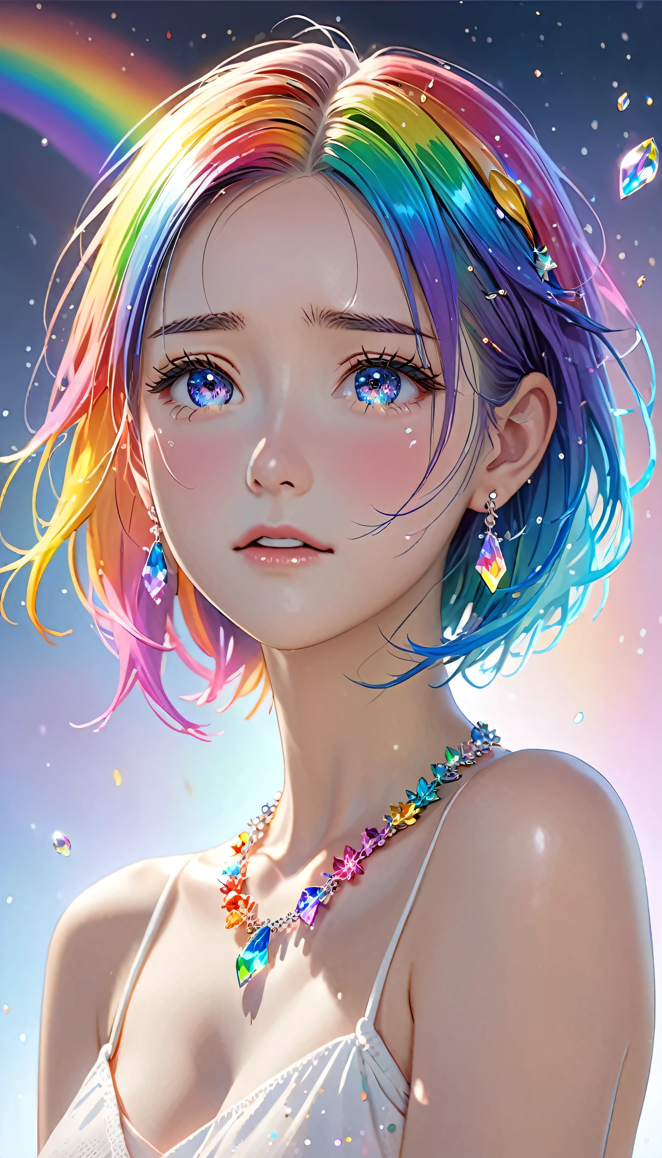 National Science Foundation,masterpiece,High resolution,8K,Art,digit,Three-dimensional,Realism,Kyoto Animation Style,your name movie style, ((Splash of Color, Ink splash)),looking into camera,Soft Light,Glowing skin,(1 female: 1.3),(alone: 1.4),(((colorful hair))),((Naked upper body)),(Rainbow crystal hair clip),(Small,Rainbow crystal necklace),(Small,rainbow crystal earrings),(Rainbow crystal bracelet),(Rainbow crystal ring),Long eyelashes,Slender legs,Short Bob,Close-up of upper body,Close-up,close view,White background,(Eyes as deep as the starry sky),(Shut up),(blush),(shy),(lovely and delicate),(Pitiful),(((cry))),(((Tears))),(((extremely sad))),(((despair)))